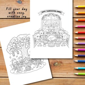 Könnte beinhalten: Zwei Schwarz-Weiß-Malvorlagen mit Thanksgiving-Motiven. Eine Seite zeigt eine Thanksgiving-Dinnerszene mit Cartoon-Füchsen. Die andere Seite zeigt einen Baum mit einem Tisch, der für ein Thanksgiving-Dinner gedeckt ist. Der Text oben links lautet "Fill your day with cozy, creative joy."