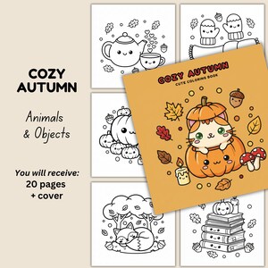 Può includere: Pagine da colorare in bianco e nero a tema "Autunno Accogliente". La copertina presenta un gatto in una zucca. Altre pagine mostrano una teiera, zucche, guanti, una volpe e libri. Il testo recita "Animali e Oggetti".