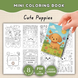May include: A mini colouring book titled "Cute Puppies" with 8 pages. The cover shows a cartoon puppy with butterflies and a sun. The book contains black and white line drawings of puppies, ready to be coloured.