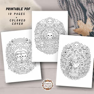 May include: Three printable PDF coloring pages with whimsical illustrations. The pages feature a cat couple, a bunny in a basket, and a garden gnome, all surrounded by flowers, birds, and other cute elements. The text reads "PRINTABLE PDF 10 PAGES + COLORED COVER".