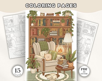 Cute Cozy Reading Nook Printable, Aesthetic Library Kawaii Digital Coloring Book for Adults, Bold and Easy Coloring Pages, Digital Download