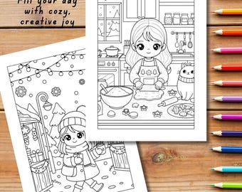 Cozy Winter Coloring Pages: 15 Snowy Girl Moments Set Printable PDF for Adult Teen Relaxation - Digital Download