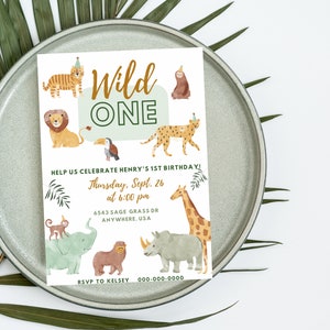 Wild One Animal Geburtstagseinladung - Digital bearbeitbare Canva ersten Geburtstag einladen