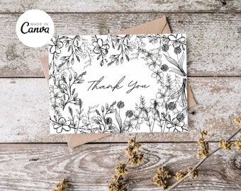 Floral Black and White Canva Thank You Card Template