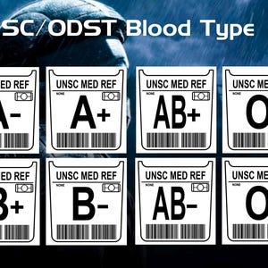 May include: Eight white rectangular labels with black text and borders. Each label has the text "UNSC MED REF" at the top and a blood type designation below: A-, A+, AB+, O+, B+, B-, AB-, O-.