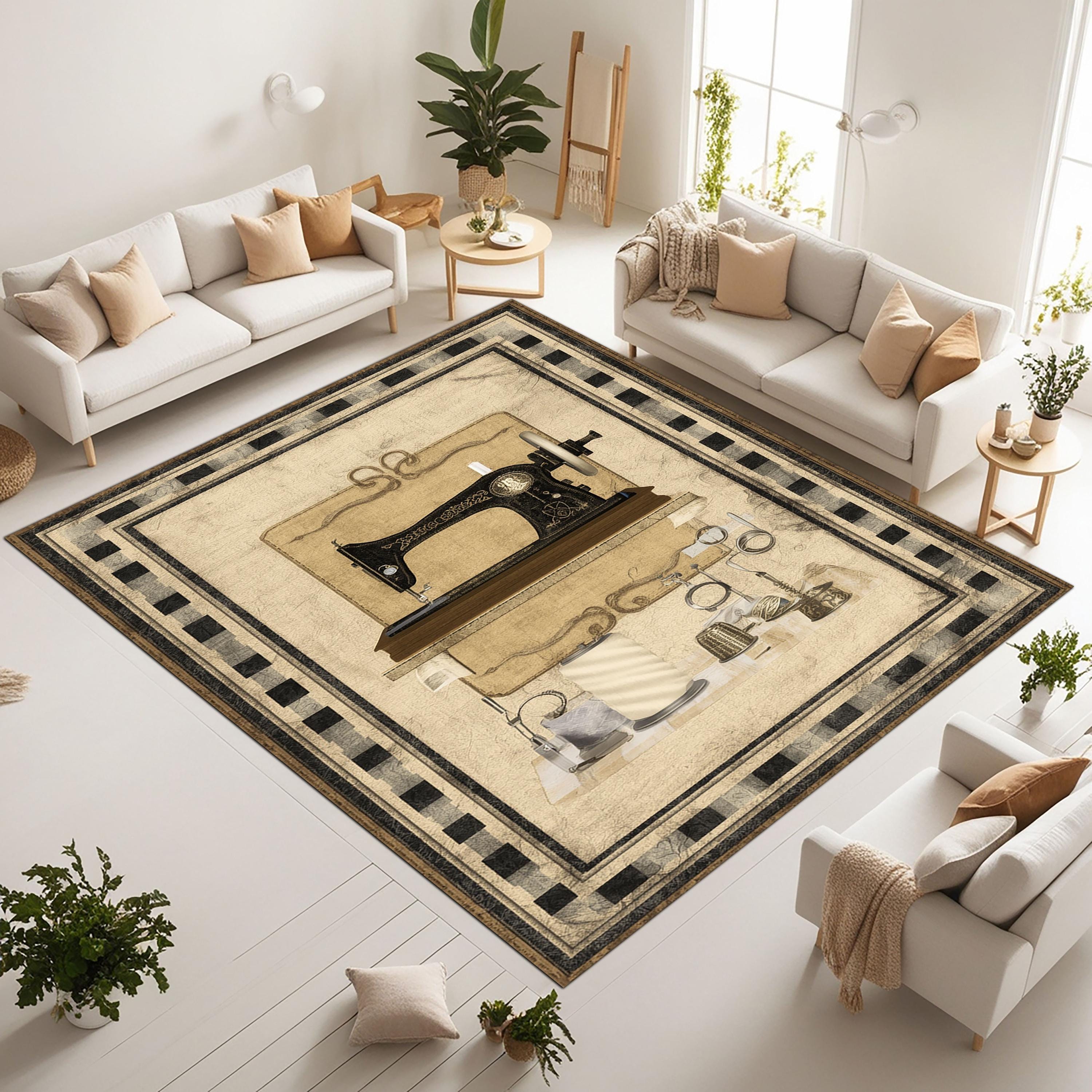 Sewing Machine Rug Pattern Vintage Sewing Machine Rug With Beige Background and Retro Craft ...