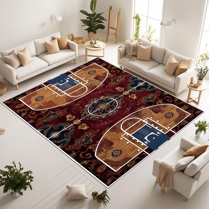 Vintage Basketball Court Rug, Retro Sports Design, Ideal for Kids ...