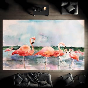 Watercolor Flamingo Rugs, Flamingo View Rug, Watercolor Animal Rug, Landscape Rugs, Area Rug, Abstract Mountain Rug, Classic Soft Rug,