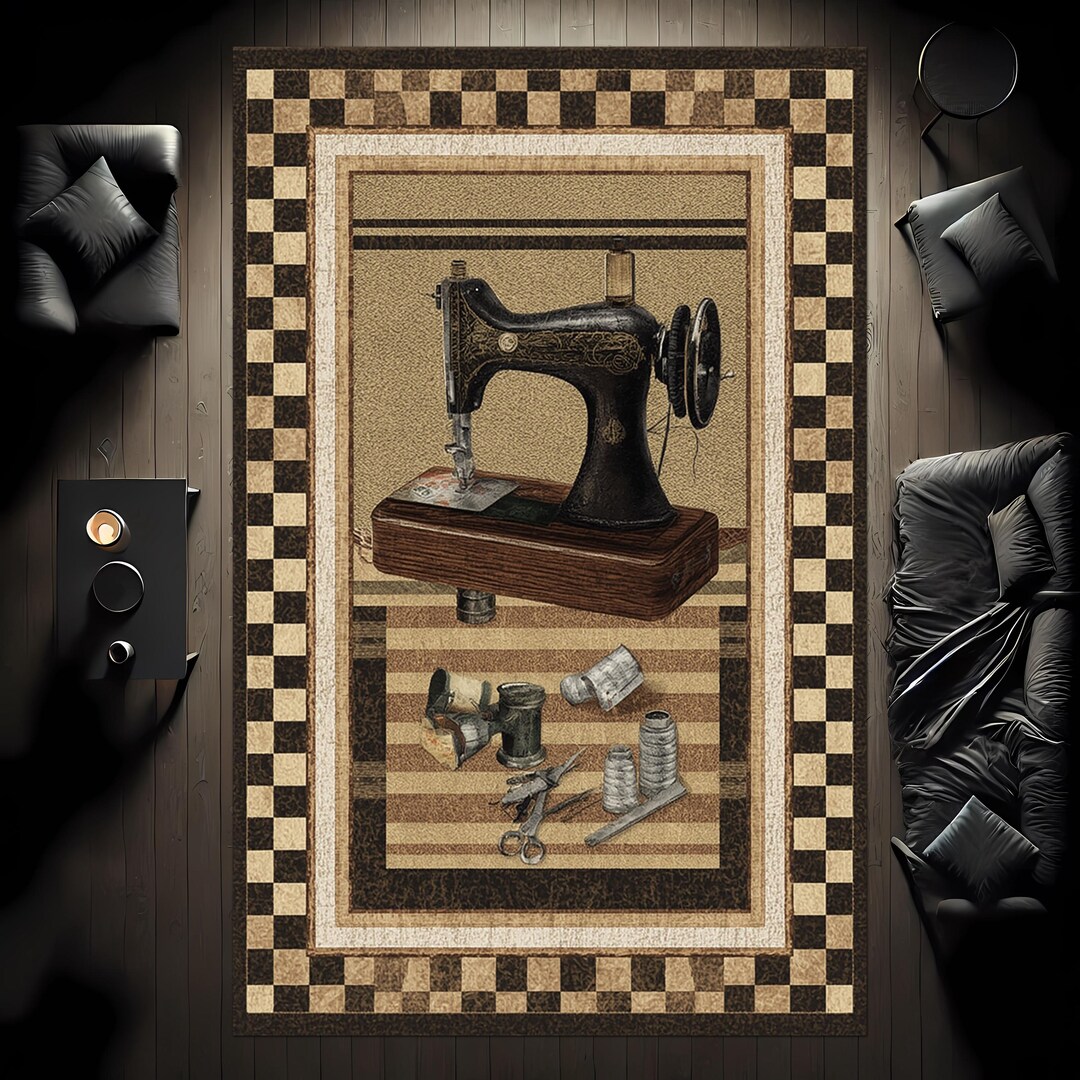 Sewing Machine Rug Pattern Vintage Tailor Sewing Machine Rug With Brown Checkered Border – Antique ...