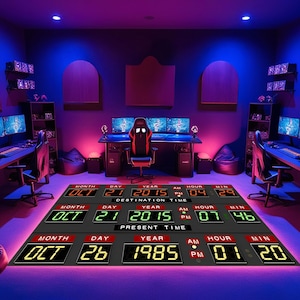 May include: A black and gray rug with a digital display showing the date and time. The display shows "OCT 21 2015" and "OCT 26 1985". The rug is in a room with a gaming setup, including a desk, chairs, and monitors.