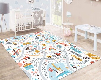 City Road Playground Ultra Soft Nursery Kids Rug , Pillow Case Gift, Kids Area Rug, Nursery Decor, Play Rug, Metropolis Play Rug