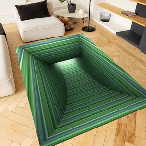 May include: Green and blue striped rug with a 3D optical illusion of a tunnel. The rug is on a wooden floor.