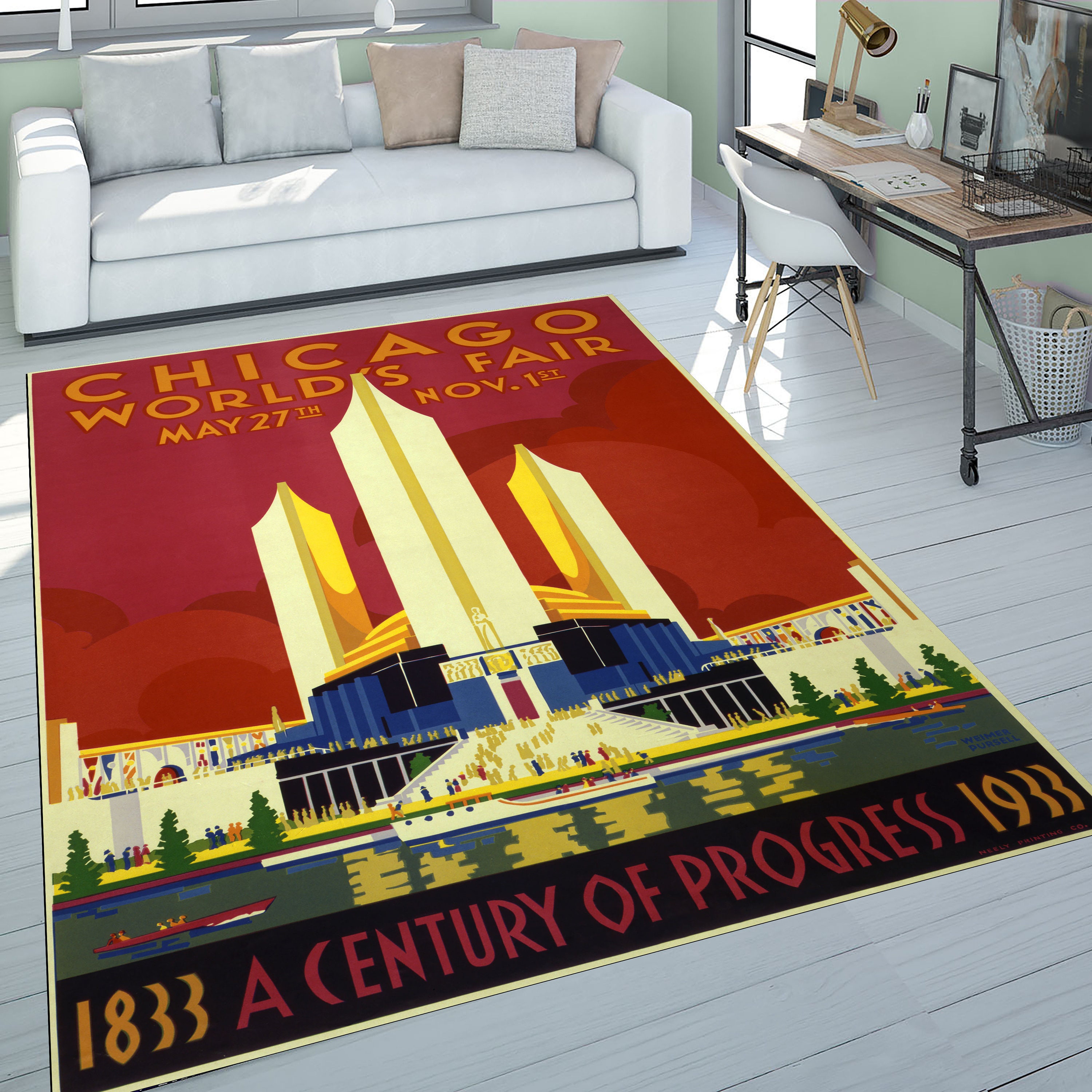 Chicago Themed Rug / Red Area Rug / Chicago City Rug / Red and Yellow ...