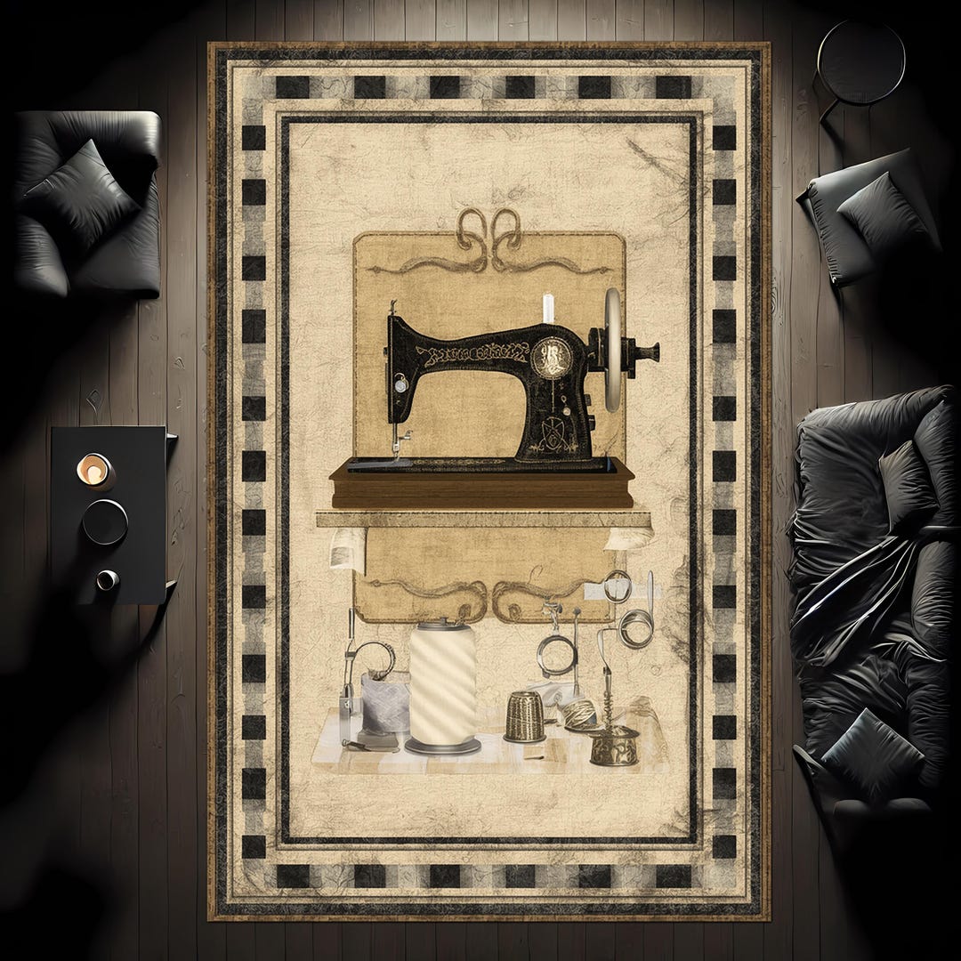 Sewing Machine Rug Pattern Vintage Sewing Machine Rug With Beige Background and Retro Craft ...