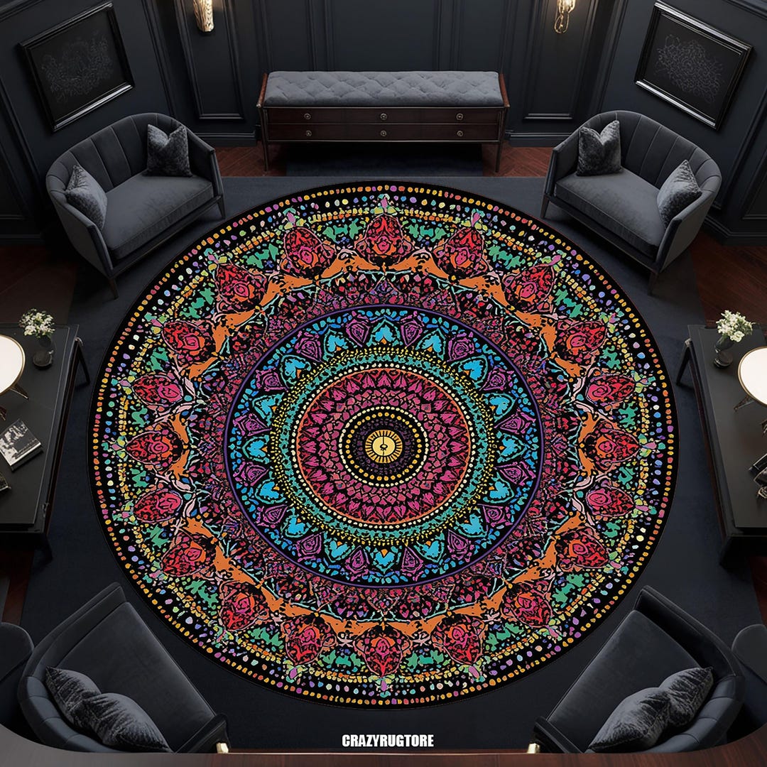 Colorful Mandala Round Rug, Detailed Boho Design With Vibrant Patterns ...