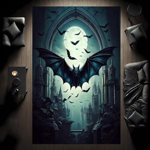 May include: A dark blue bat with spread wings flies through a gothic archway. The bat is silhouetted against a full moon and a dark, cloudy sky. The archway is framed by tall, pointed towers.