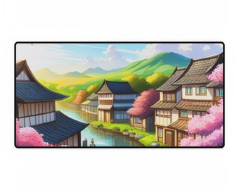 May include: A colorful illustration of a Japanese village with traditional houses, a river, and cherry blossom trees. The houses are painted in shades of brown, white, and gray, with black roofs. The river is a light blue color, and the cherry blossom trees are in full bloom, with pink flowers.