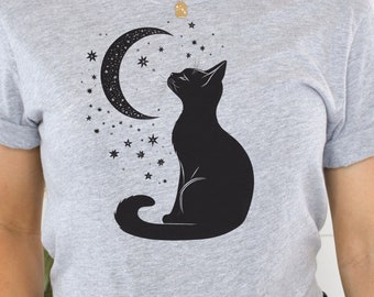 Shirt kattenliefhebber, shirt zwarte kat, shirt mystieke kat, cadeau voor kattenliefhebber, shirt kattenliefhebber, Halloween kattenshirt, shirt kattendame, shirt mooie zwarte kat