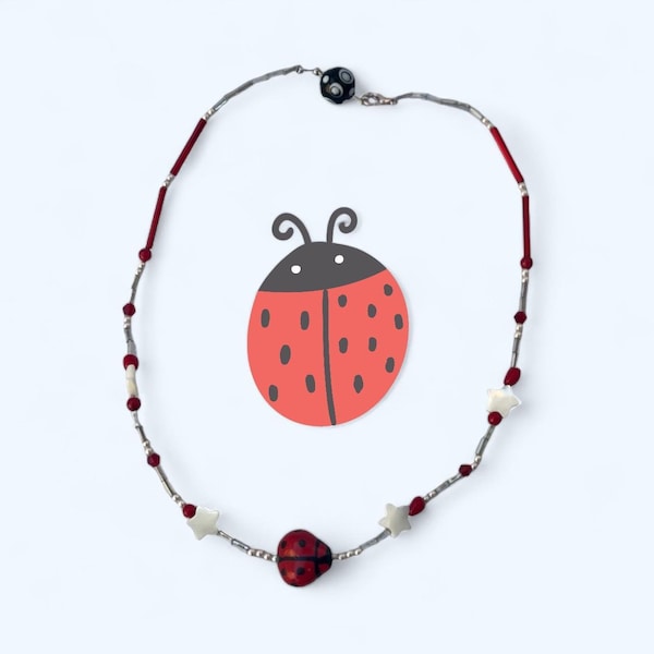 Ladybug Layering Necklace | Handmade Accessories and Vintage Beads | Eco-Friendly Jewelry