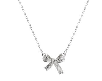 Sterling Silver Bow Necklace, Dainty Zircon Ribbon Pendant