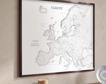 White Europe Map with Pins – Detailed Black and White Tracker for Your Travels