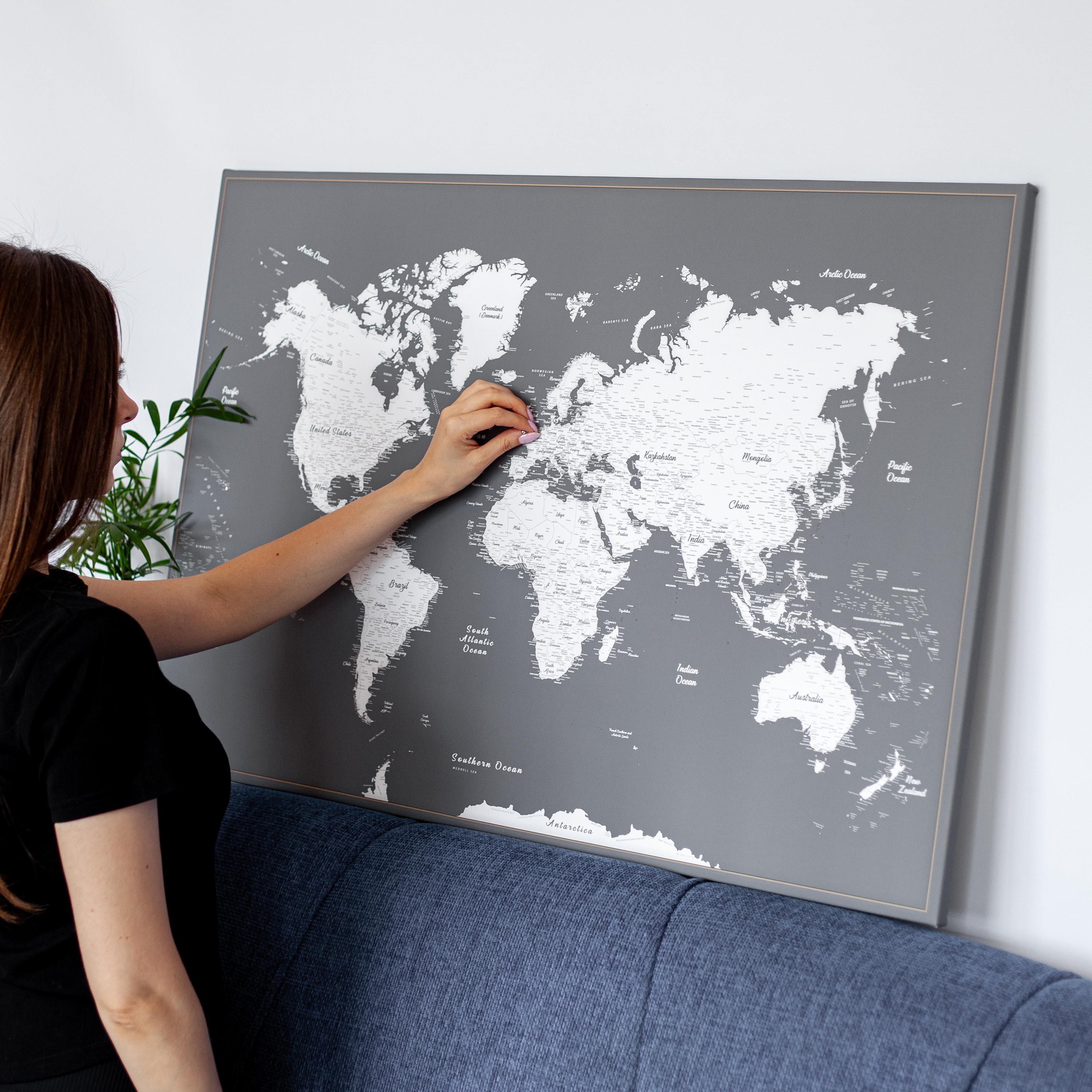 Gray Push Pin World Map – Large Personalized Wall Map Poster, Framed Travel Decor