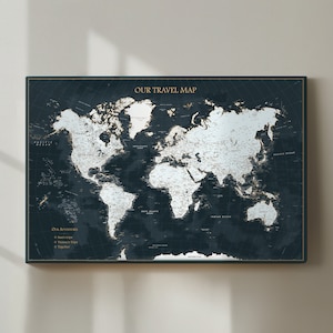 Póster de mapa de viaje mundial personalizado con chinchetas para viajeros / Arte de mapa con chinchetas en gris oscuro