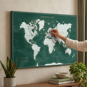 Green Push Pin World Map Canvas – Personalized Travel Tracker