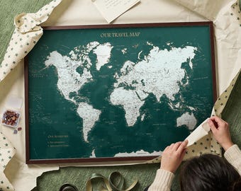 Green Push Pin World Map – Personalized Framed Travel Gift