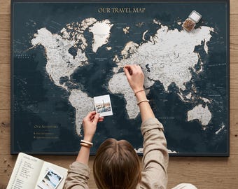Graphite Push Pin World Map – Personalized Travel Tracker on Canvas