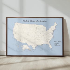 Carte des États-Unis avec punaises encadrée - Grand tracker de voyage bleu et cadeau pour les voyageurs
