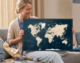 Personalized Navy Blue World Map with Pins – Push Pin Travel Map Gift