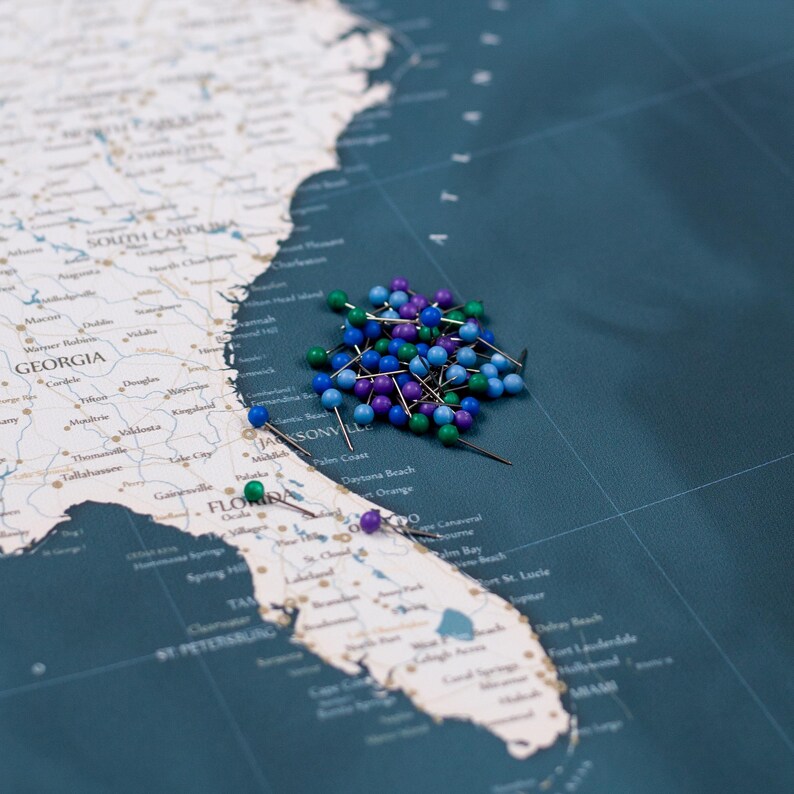 Puede incluir: Un mapa detallado de Florida y los estados circundantes, con un grupo de chinchetas de colores. Las chinchetas son en tonos de azul, verde y morado. El mapa es de color verde azulado, con nombres de lugares y caracter&iacute;sticas geogr&aacute;ficas.