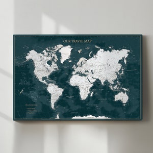 Mapa del mundo con chinchetas para viajeros / Mapa de viaje personalizado con chinchetas e ilustraciones para tableros de anuncios