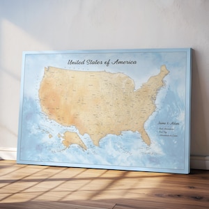 Grande mapa azul dos EUA com cidades - arte de parede com alfinete de pressão emoldurada, presente de viagem personalizado