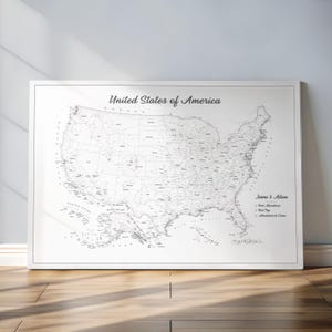 Mapa Branco dos Estados Unidos com Cidades – Mapa Personalizado com Alfinetes, Opções de Pôster