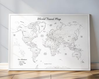 Mapa-múndi com alfinete branco – Arte de parede minimalista para viagens