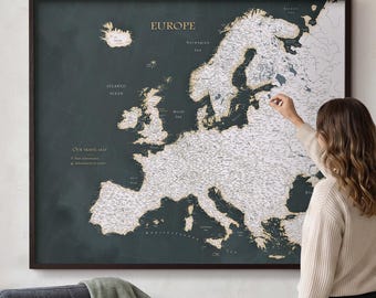 Dark Grey Europe Push Pin Map – Detailed Personalized Map for European Travels