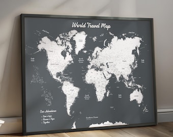 Mapa-múndi com alfinete cinza – pôster de viagem emoldurado para decoração de parede