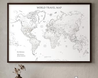 White Framed Push Pin World Map – Minimalist Travel Wall Decor