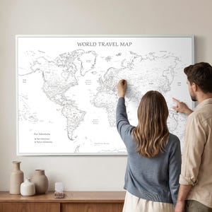 White Canvas World Map with Pins – Minimalist Travel Map