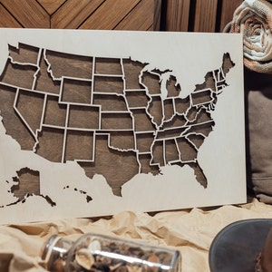 Carte des États-Unis en bois : oeuvres d'art personnalisées pour décorer un appartement | Carte murale des États-Unis et carte des États-Unis avec des épingles