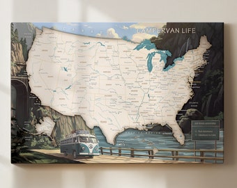 Mapa de ruta para autocaravanas en EE. UU. – Mapa con chinchetas – Regalo para viajeros