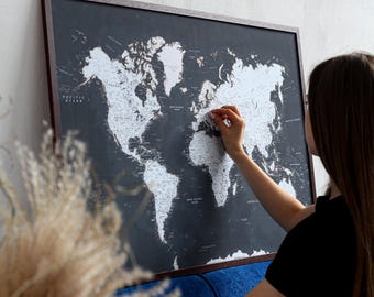 Black and White Push Pin World Map: Personalized Travel Tracker