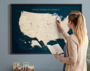 Personalized Push Pin USA Travel Map: Canvas Print with Pins