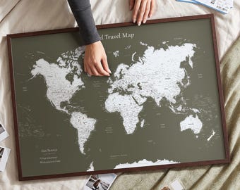 Olive Push Pin World Map – Personalized Map for Travelers
