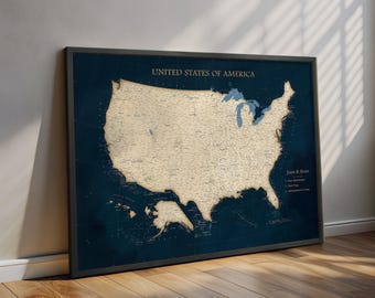 USA Push Pin Map – Sapphire Blue US Travel Map with Pins, Personalized Wall Art