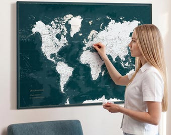 Dark Green Push Pin World Map – Customized Travel Map with Pins