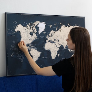 Personalized Navy Blue World Map with Pins – Push Pin Travel Map Wall Art Gift