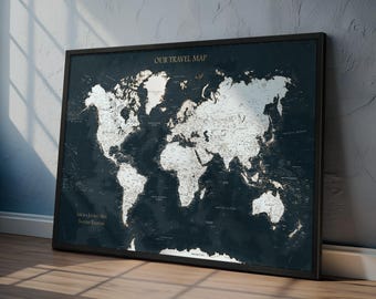 Black & White Push Pin World Map: Framed Travel Tracker